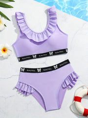 2pc Girl's Ruffled Trim Sleeveless Top & Shorts Swimsuit Set