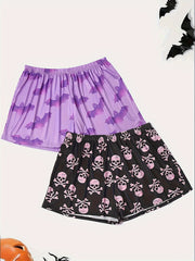 2 Pack Plus Size Gothic Sleepwear Bottoms Set Women's Plus Bat & Skull Print