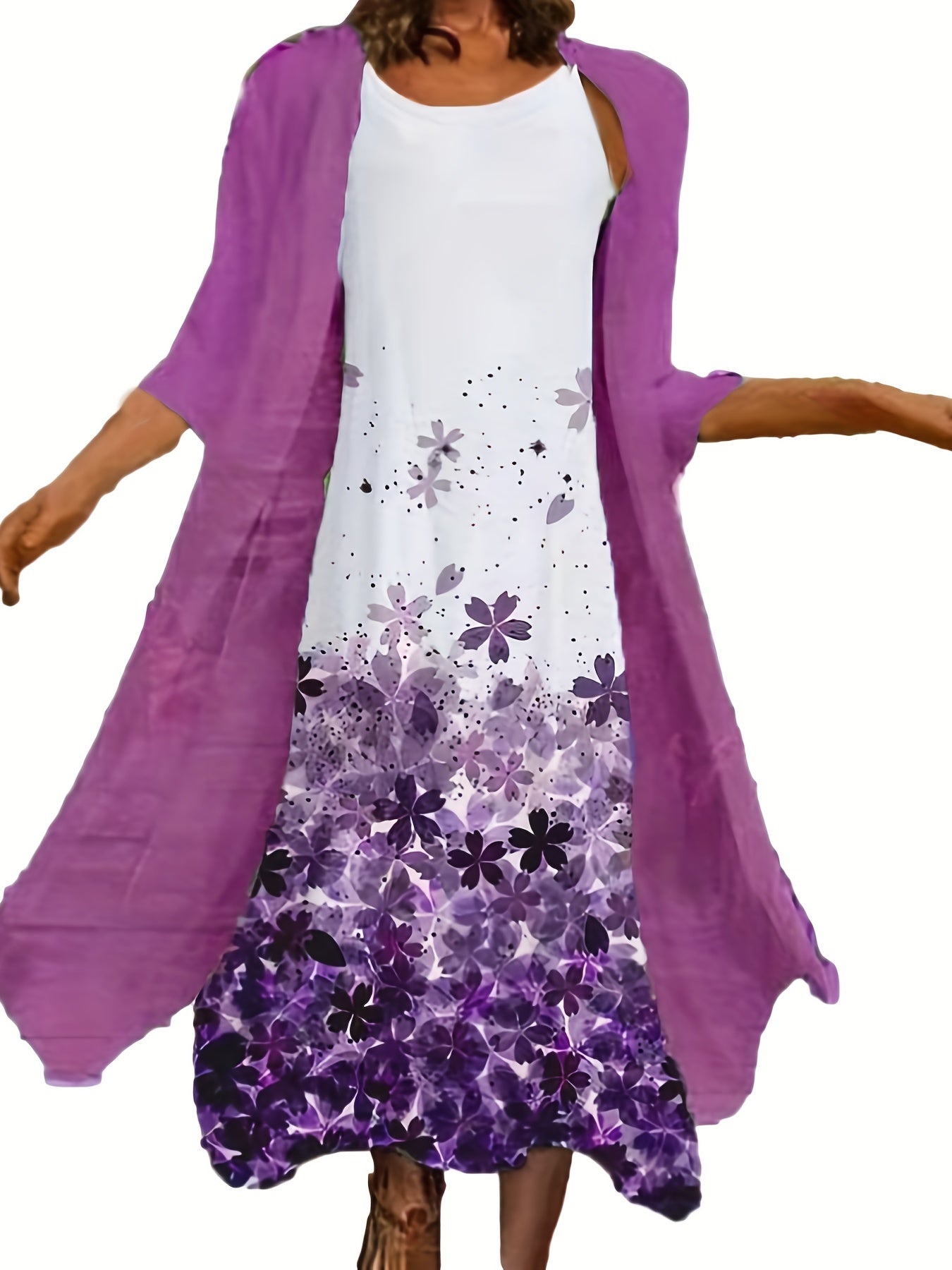 2 Piece Set Half Sleeve Open Front Coat & Floral Print Cami Dress