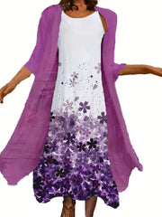 2 Piece Set Half Sleeve Open Front Coat & Floral Print Cami Dress