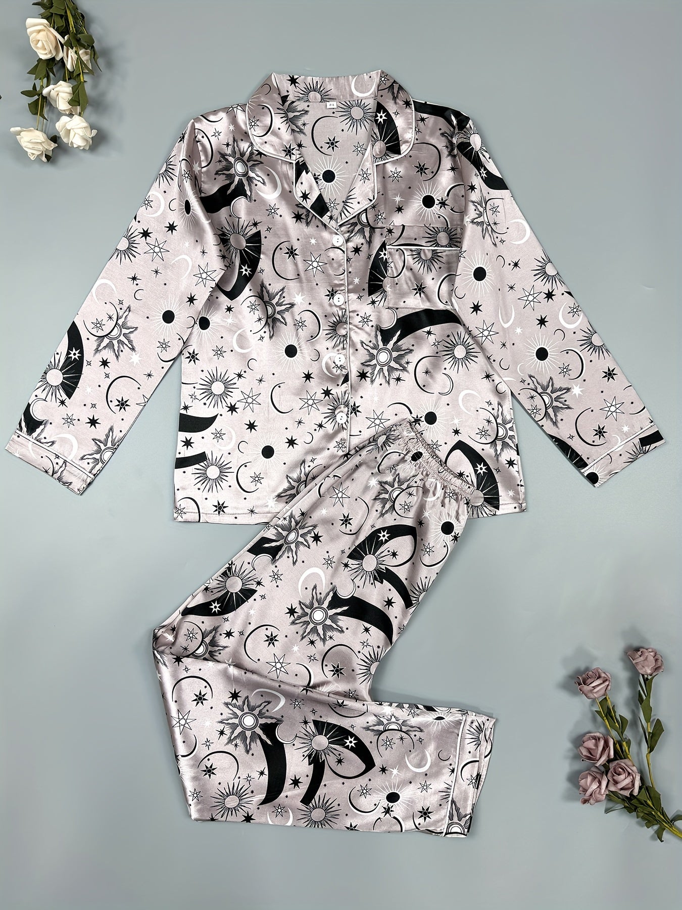 Starry Print Satin Pajama Set Long Sleeve Top & Pants