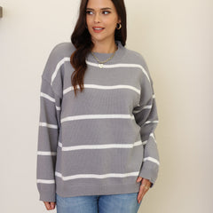 Casual Sweater Women's Plus Stripe Print Long Sleeve Round Neck Jumper