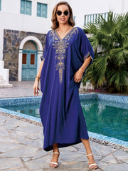 Embroidered Boho Kaftan Dress V Neck Beach Cover Up