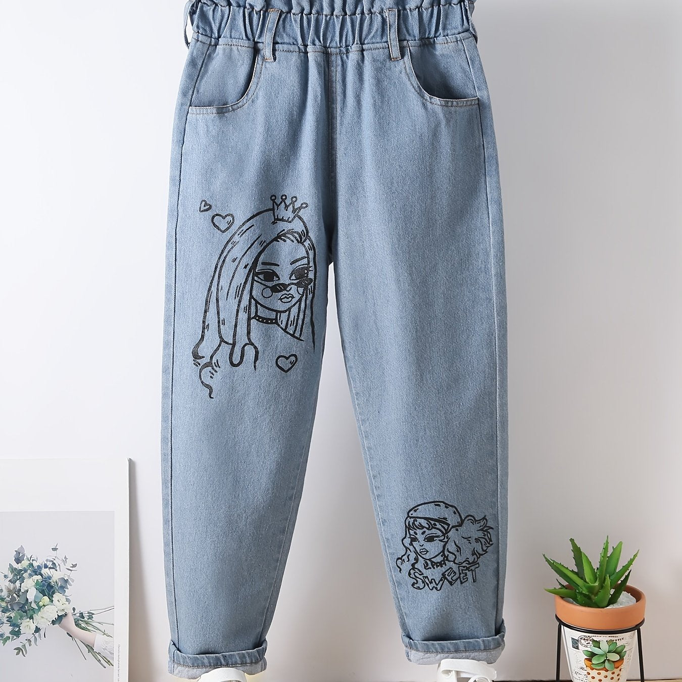 Toddler Girls Cartoon Paperbag Waist Jeans Kids Spring Summer Casual