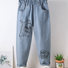 Toddler Girls Cartoon Paperbag Waist Jeans Kids Spring Summer Casual