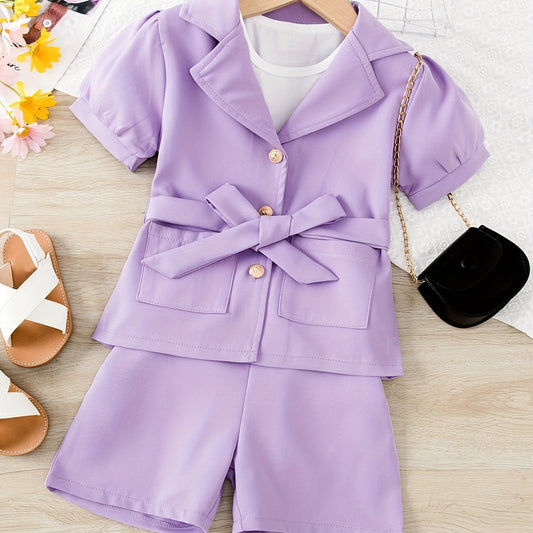 Girl's Puff Sleeve Blazer & Shorts Set Casual Outfits Kids Clothes For Summer