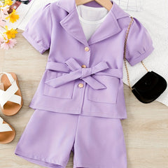 Girl's Puff Sleeve Blazer & Shorts Set Casual Outfits Kids Clothes For Summer