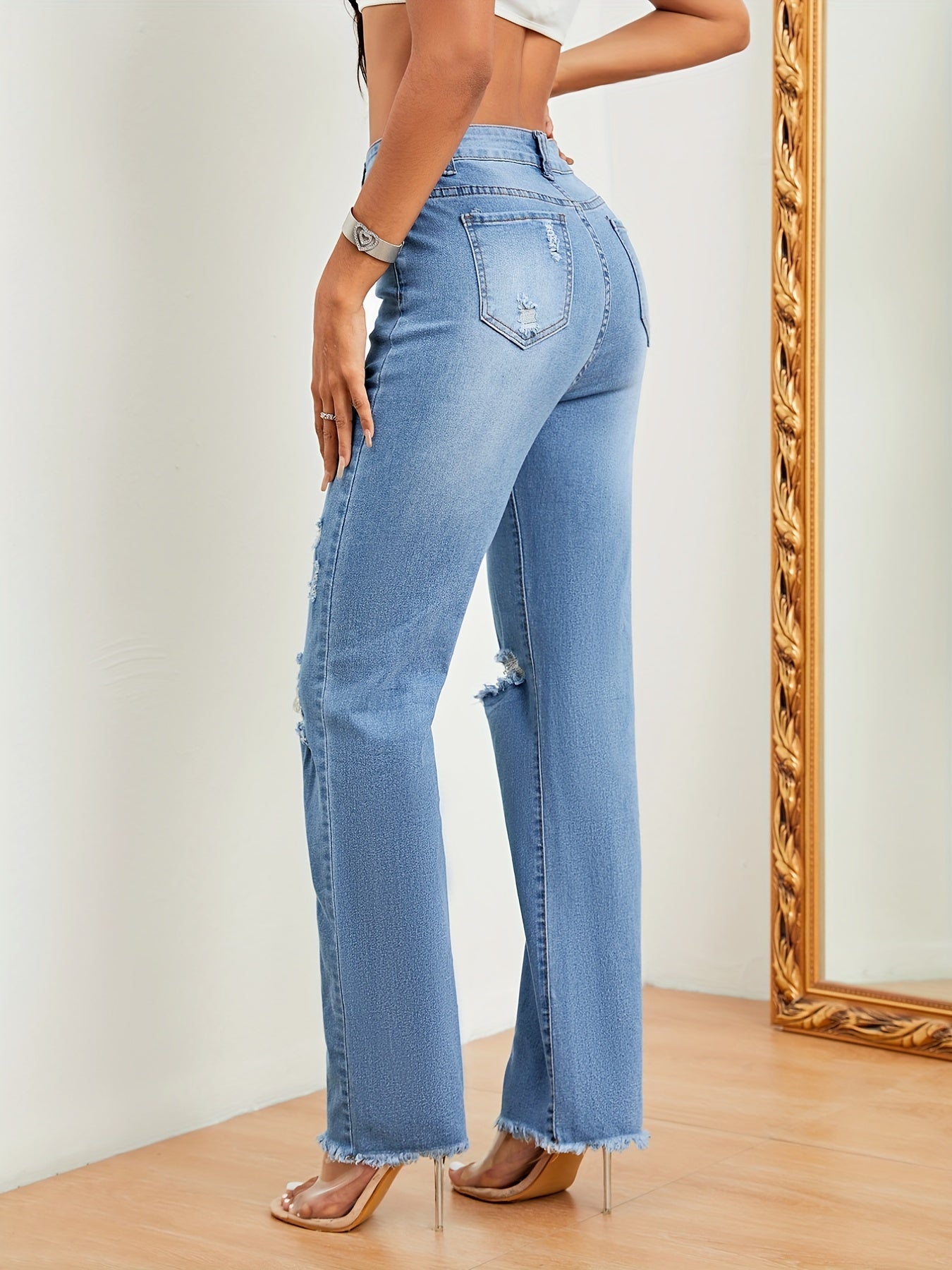 High Stretch Frayed Trim Ripped Jeans Loose Fit