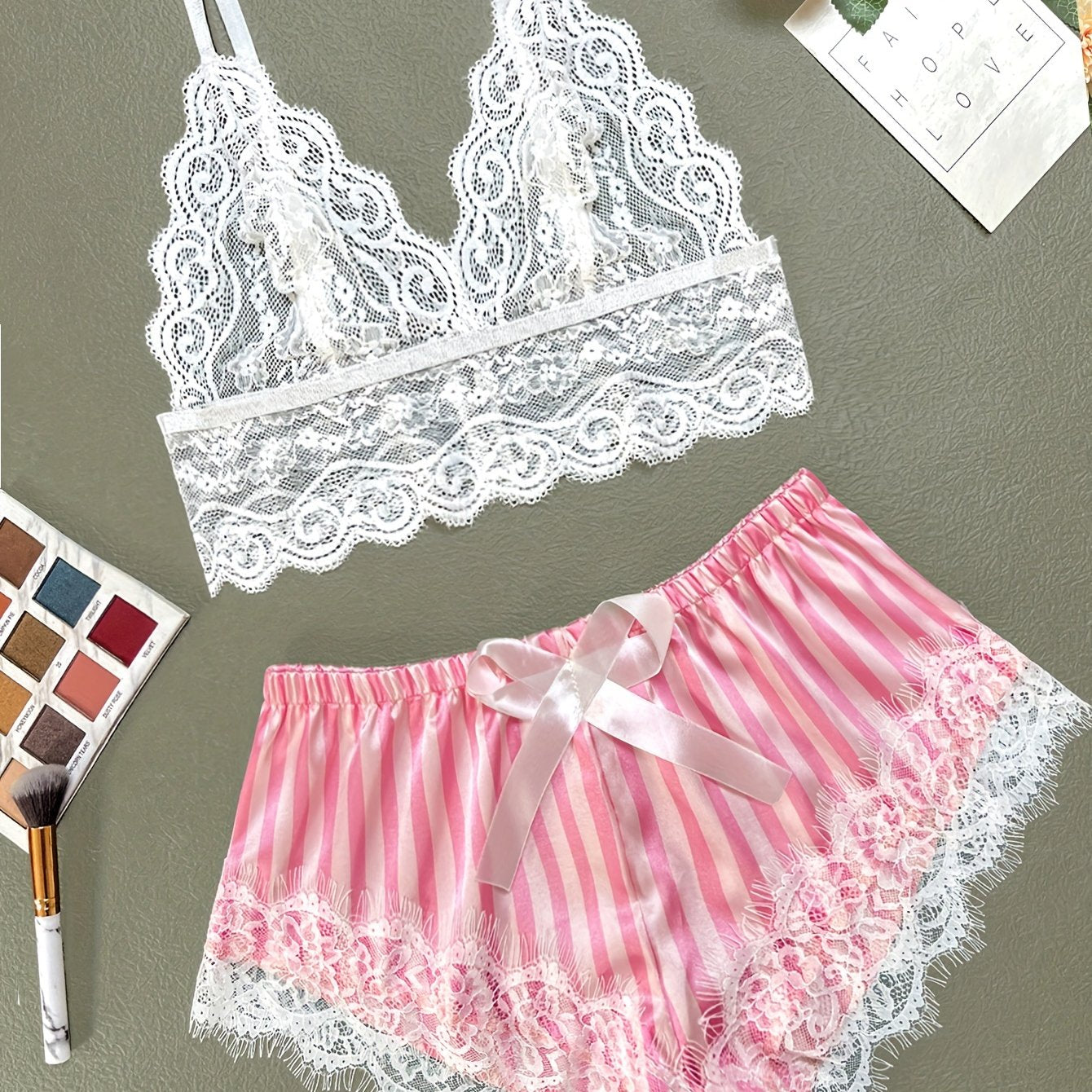 Lace Stitching Pajama Set V Neck Cami Top & Striped Shorts