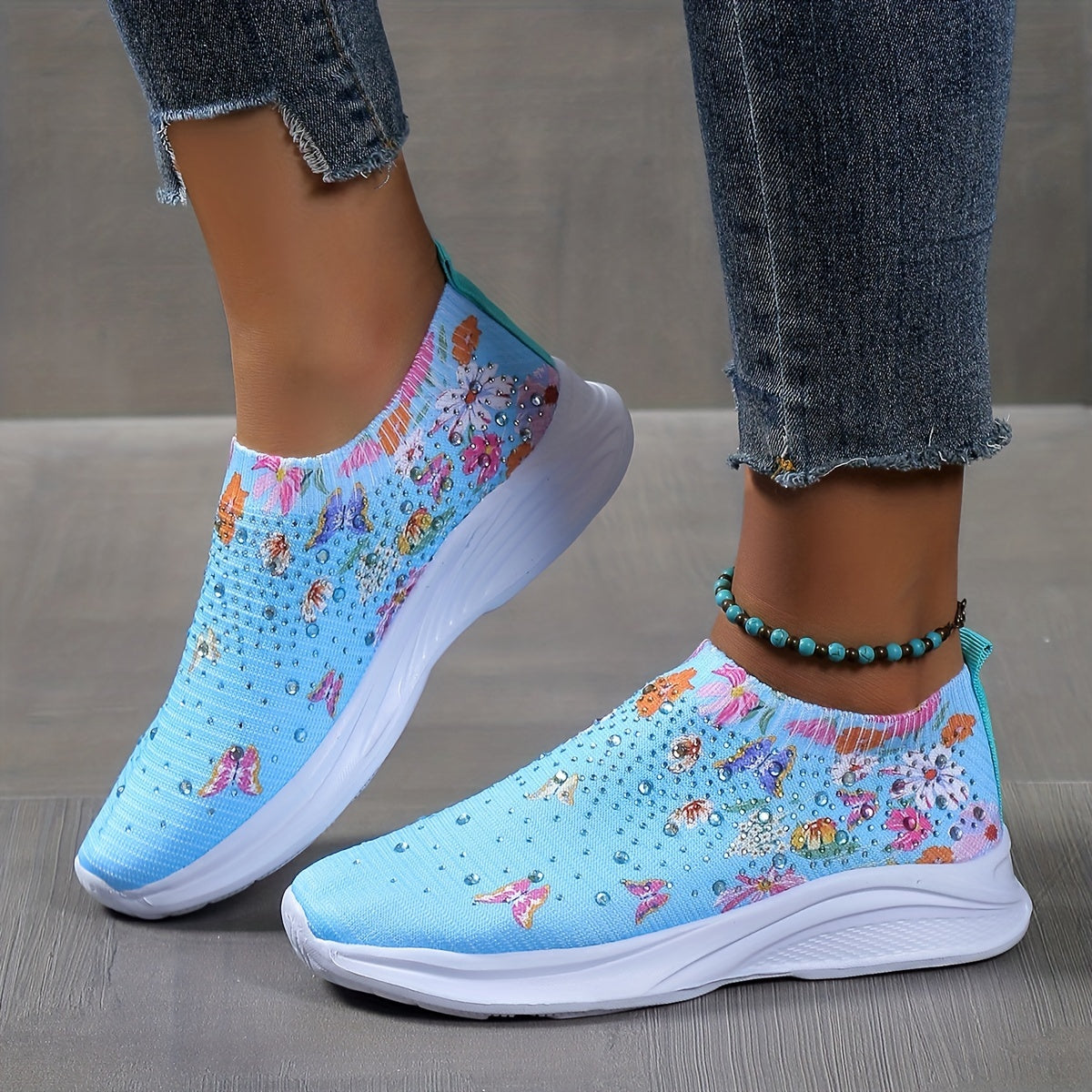 Rhinestone Decor & Flower Pattern Breathable Woven Shoes