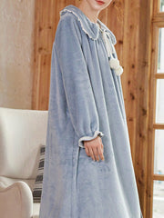 Ruffle Plush Nightdress Court Style Long Sleeve Pompom Decor Pajama Dress