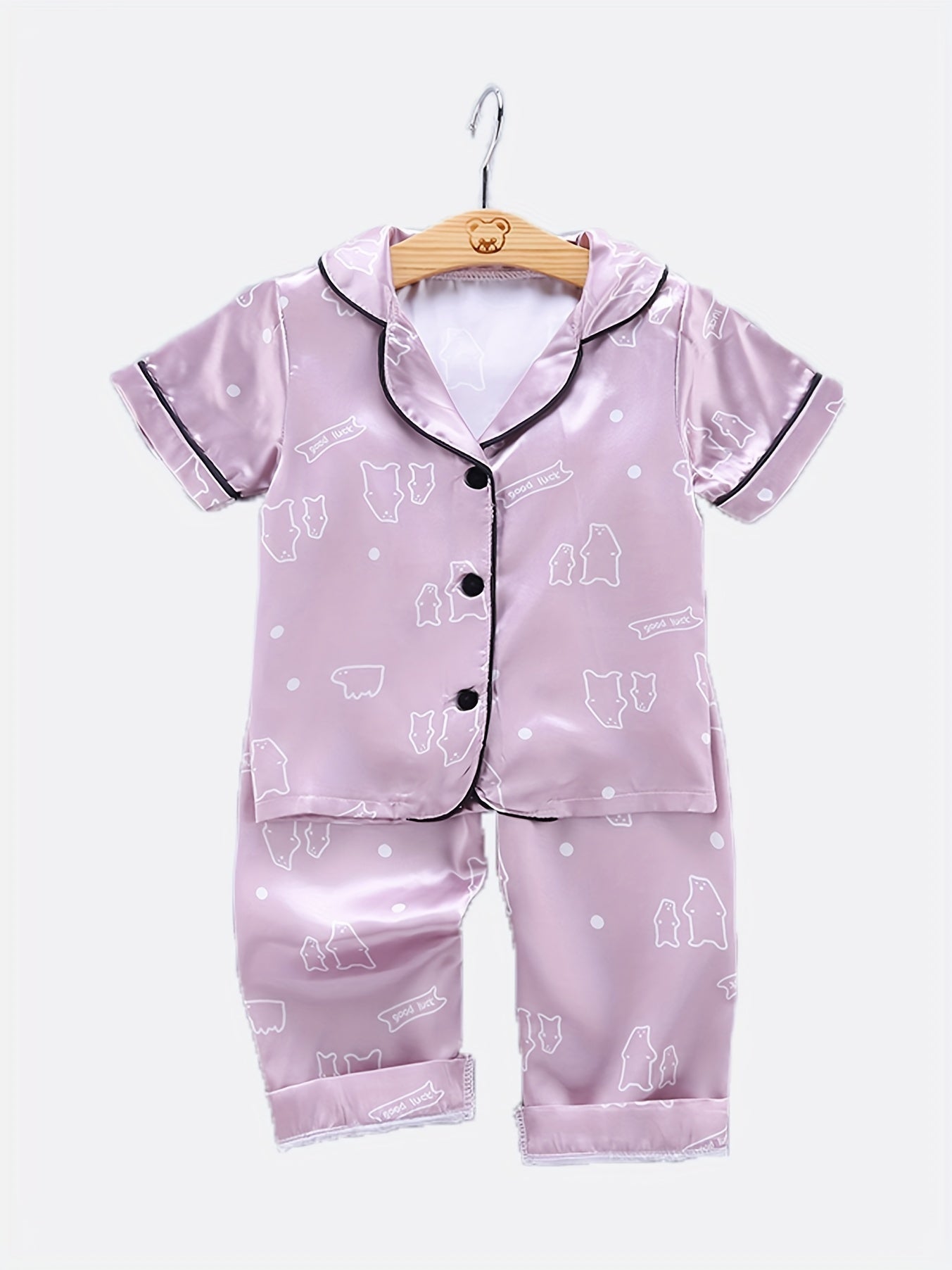 2pcs Bear Pattern Kid's Satin Pajamas Set Short Sleeve Button Front Top & Pants