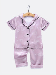 2pcs Bear Pattern Kid's Satin Pajamas Set Short Sleeve Button Front Top & Pants
