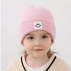 Winter Knit Hat with Smiley Face Pattern & Hood for Kids