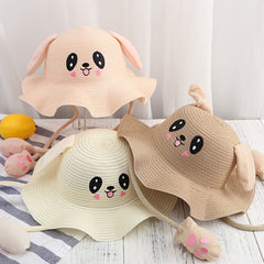 Rabbit Straw Hat for Girls Sun Protection with Moving Ears