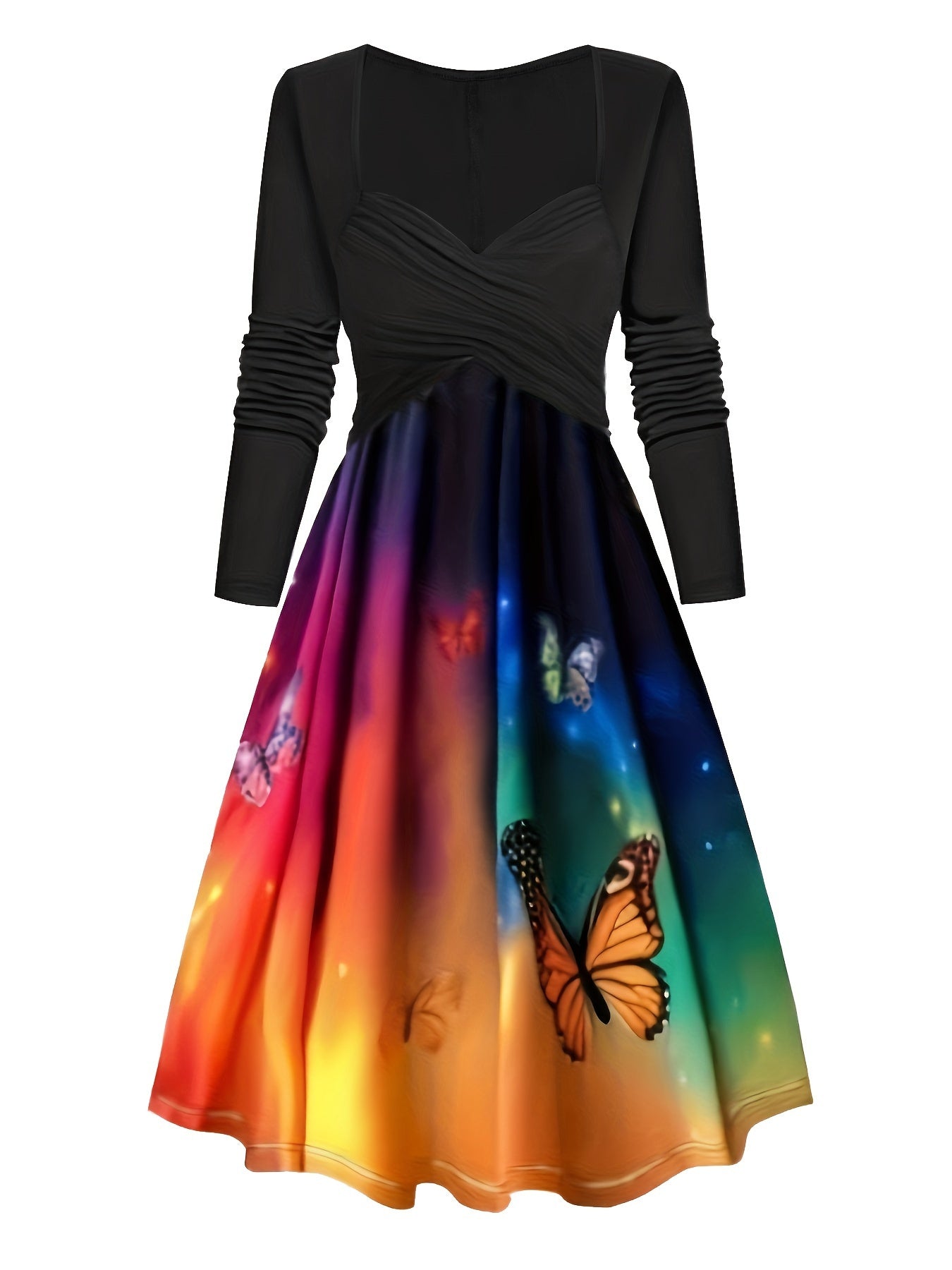 Colorblock Ombre & Butterfly Print Long Sleeve Dress