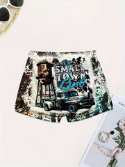Letter & Car Graphic Print Skinny Shorts Casual Shorts