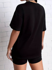 Letter Print Matching Two piece Set Casual Short Sleeve T shirt & Skinny Shorts