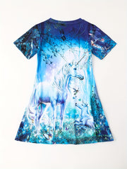 3D Unicorn In Magic Forest Pattern Short Sleeve Dress Girls Comfy Dresses
