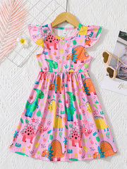 Girls' Cactus & Dino Allover Dress - Comfy Casual Party Vacation Dress
