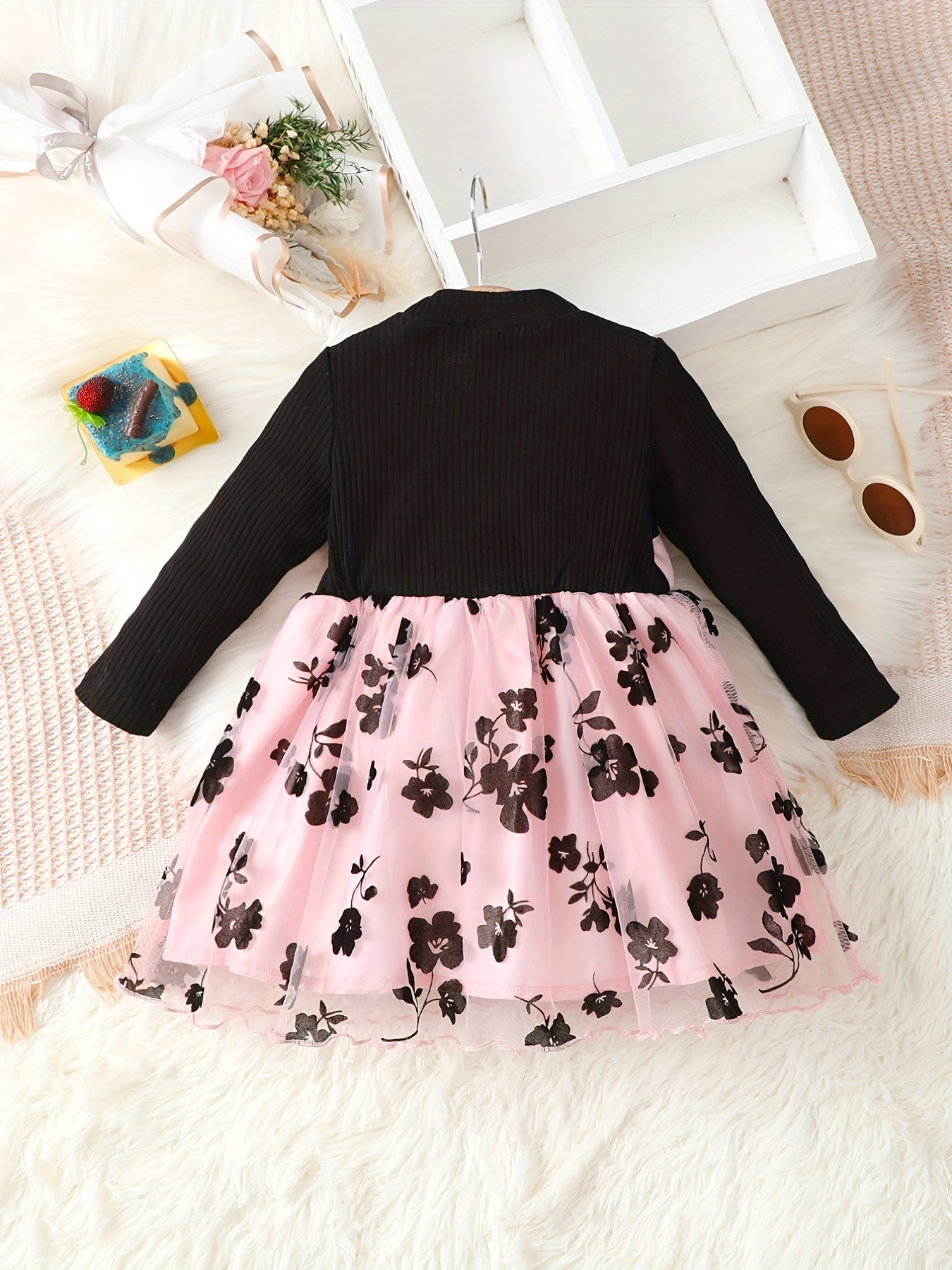 Baby Girl Flower Dress Long Sleeve Ribbed Mesh Casual Dresses