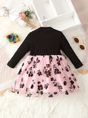 Baby Girl Flower Dress Long Sleeve Ribbed Mesh Casual Dresses