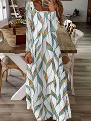 Colorblock Leaf Print Square Neck Maxi Dress