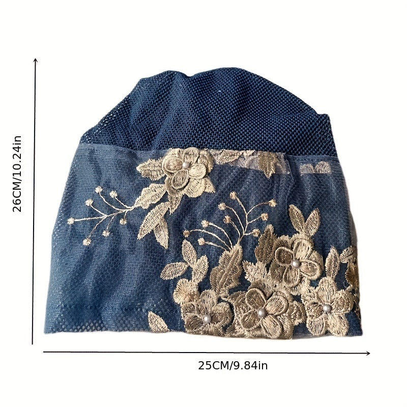Flower Embroidery Turban Cap Faux Pearl Decor Lace Beanie Ramadan Head Wrap