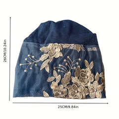 Flower Embroidery Turban Cap Faux Pearl Decor Lace Beanie Ramadan Head Wrap