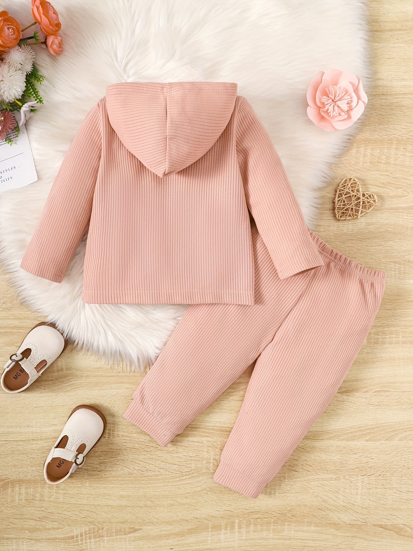 Toddler Girls Ribbed Casual Outfit Hooded Coat & Pants