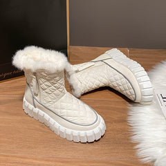 Quilted Argyle Round Toe Snow Boots Faux Fur Lined Thick Sole Ankle Boots