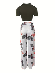Casual Two Piece Set Short Sleeve Crop Tee & Floral Wide Leg Pants