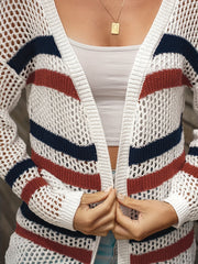 Striped Print Open Front Cardigan Beach Wear Long Sleeve Crochet Cardigan