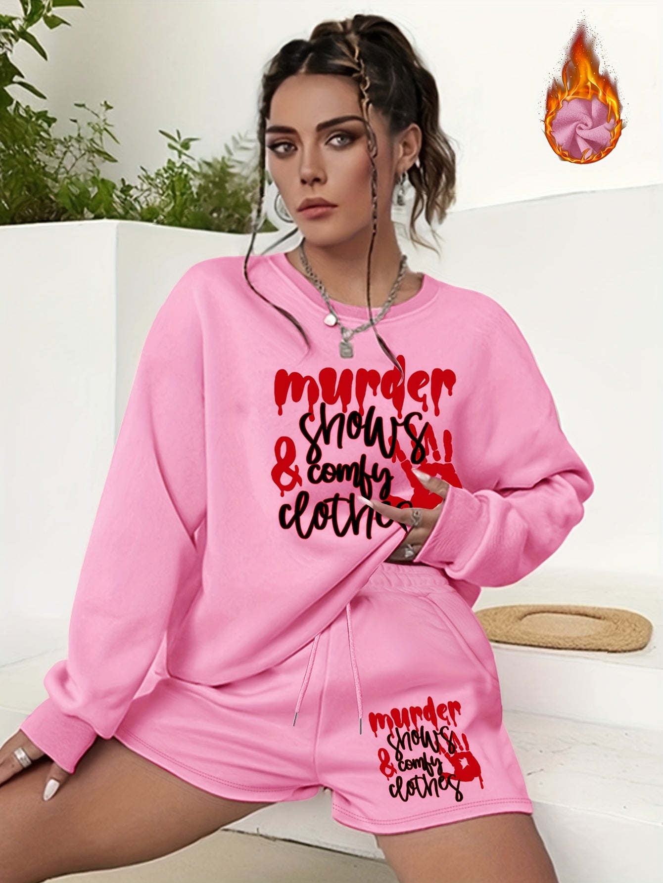 Women's Plus Size Hand & Letter Print Sweatshirt & Shorts Set