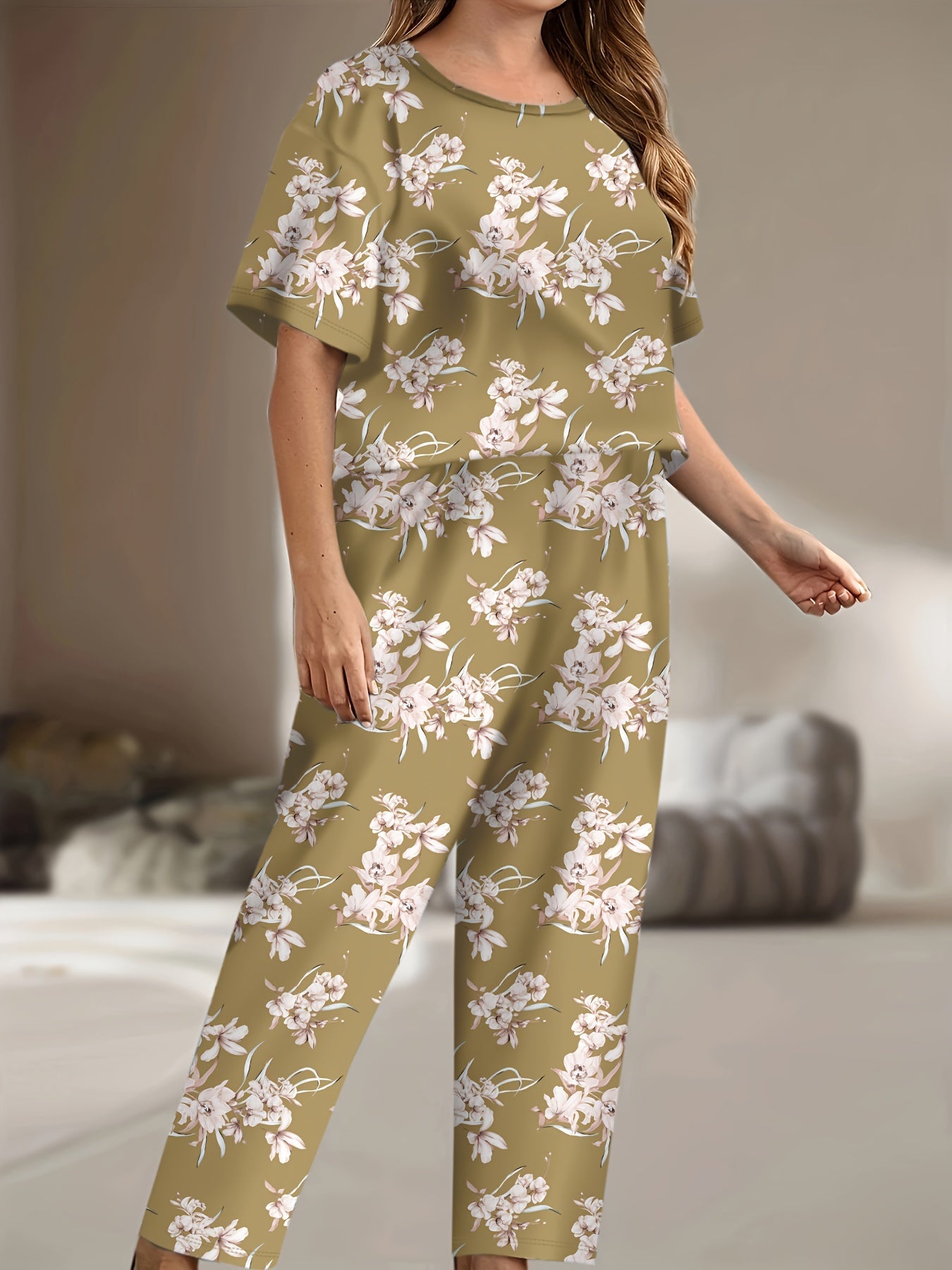 Floral Print Pajama Set Short Sleeve Tee & Pants 2 Piece