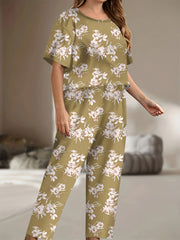 Floral Print Pajama Set Short Sleeve Tee & Pants 2 Piece