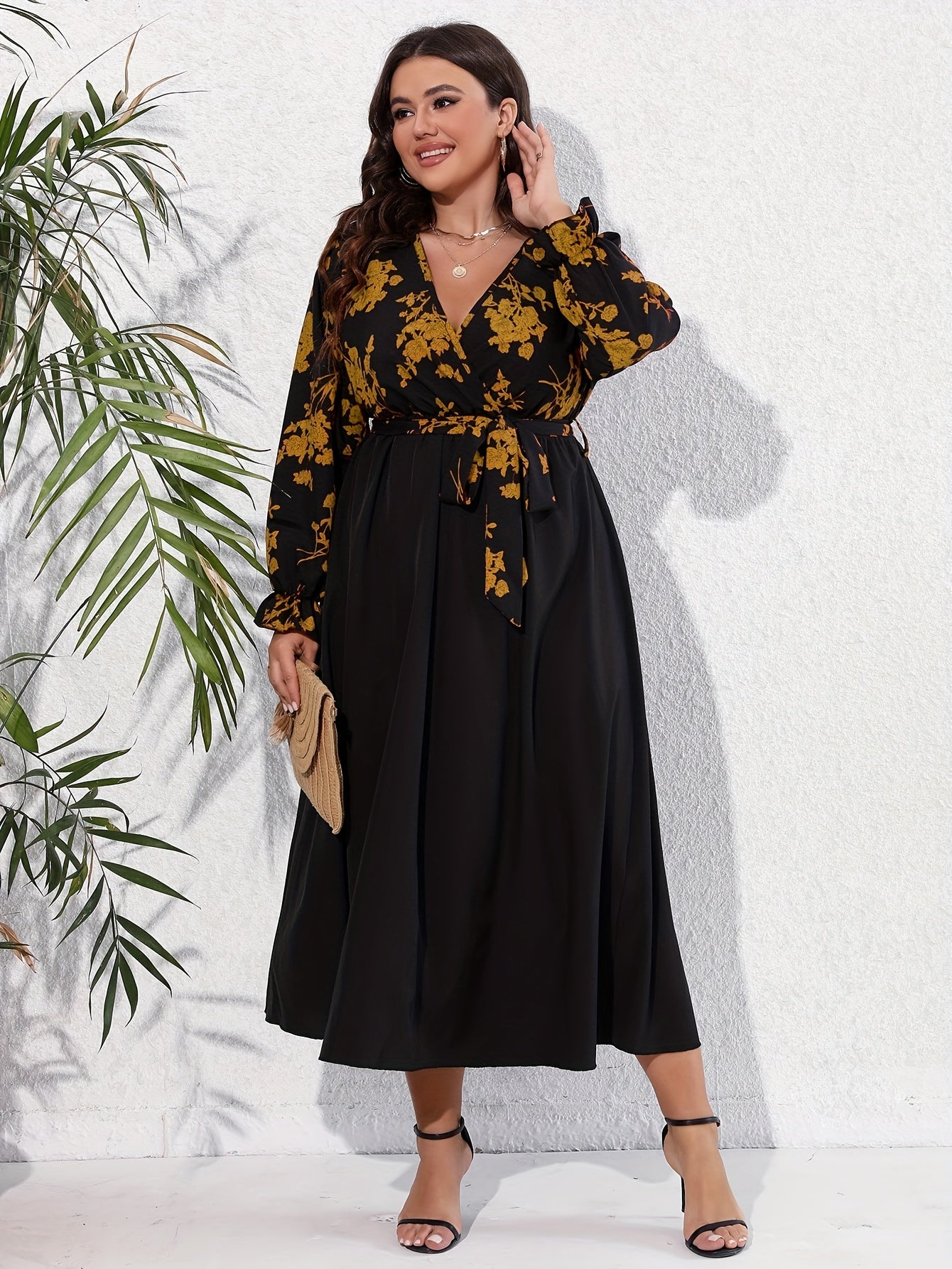 Colorblock Floral Print Surplice Neck Dress