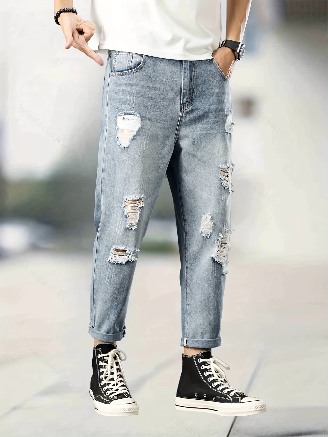 Men's Ripped Jeans Distressed Denim Pants Street Style