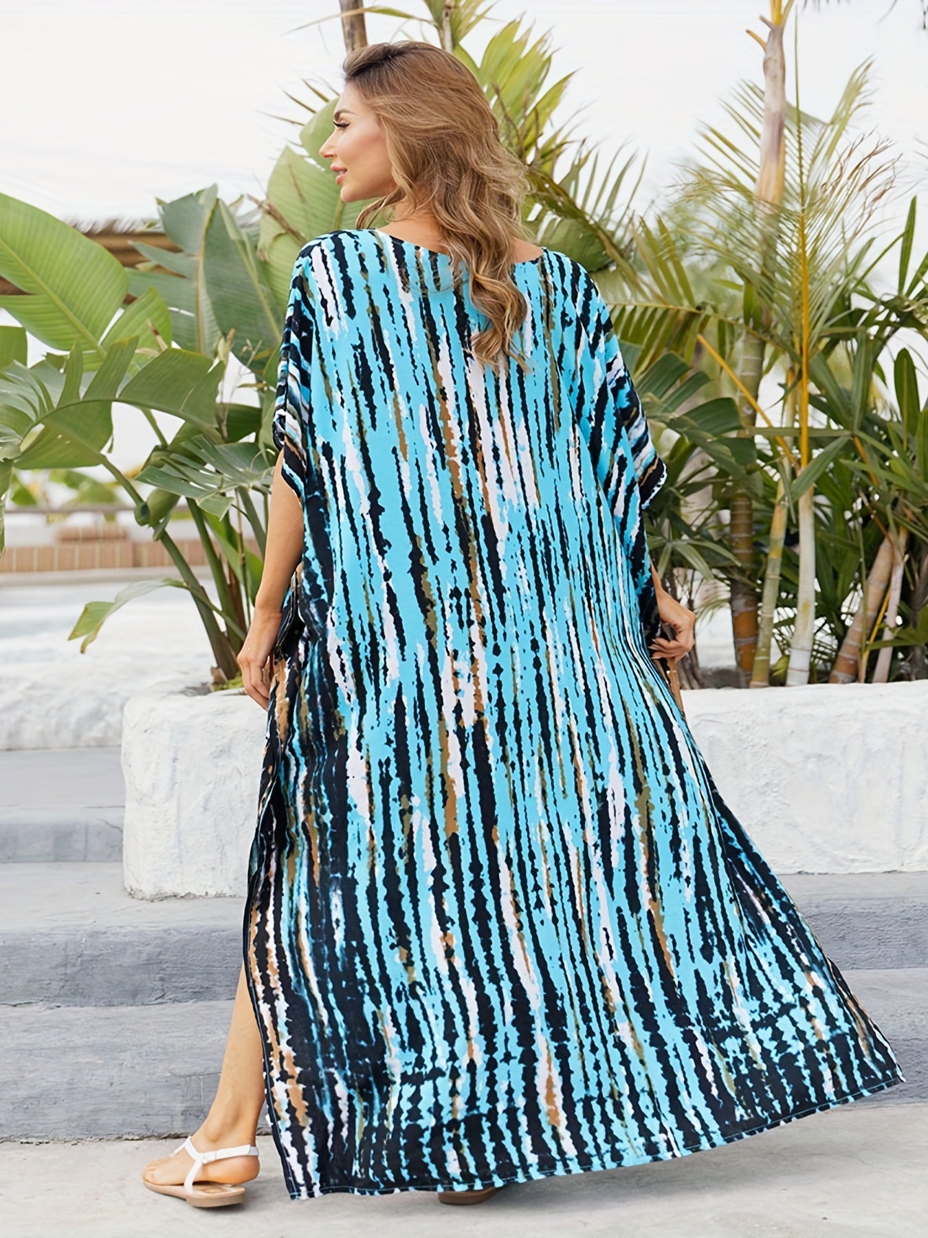 Tie Dye Bat Sleeve V Neck Cover Up Dress