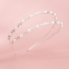 Double Layer Faux Pearls Crown Headband With Rhinestones