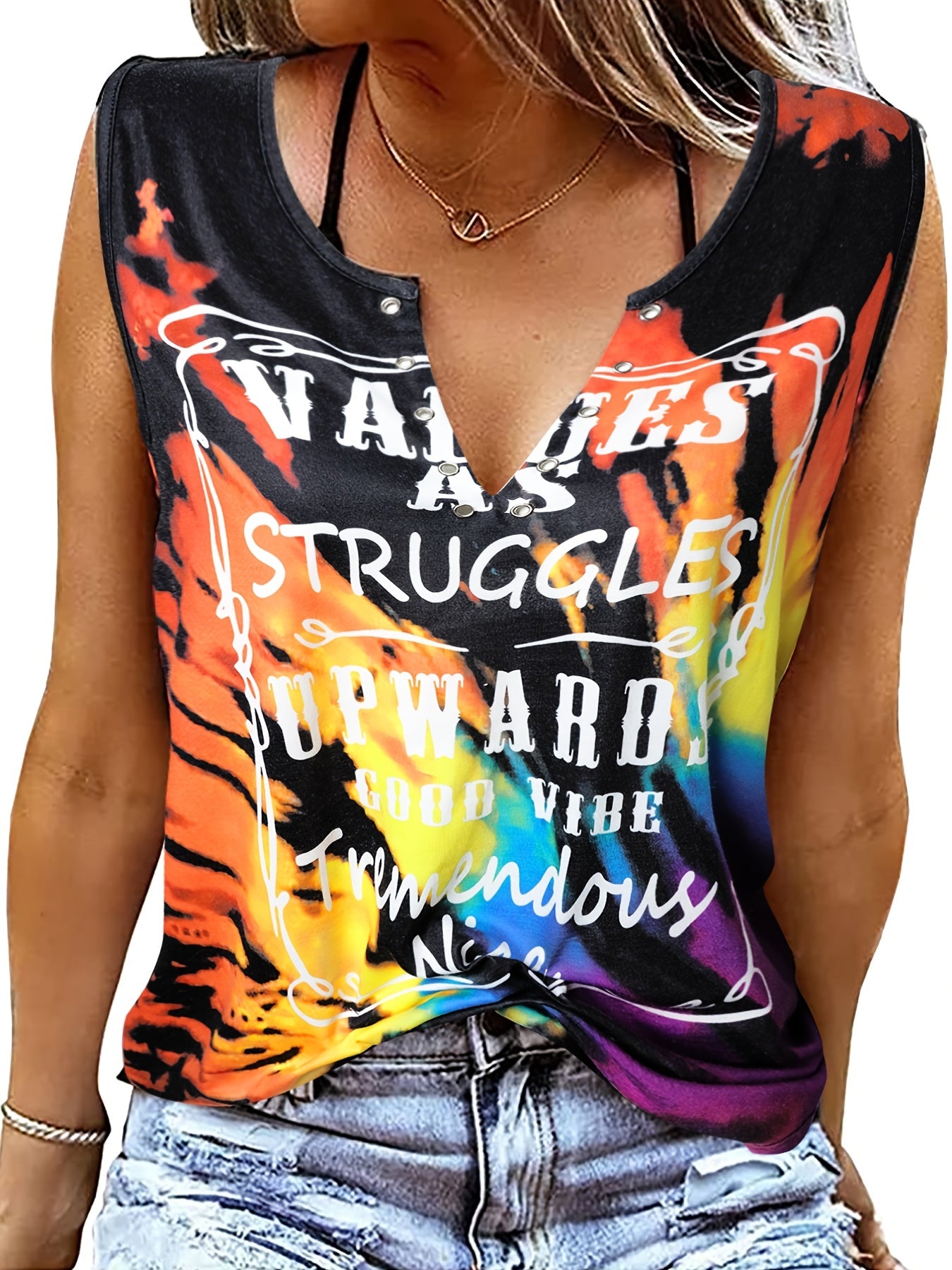 Letter Block Tank Top Notched Neck Sleeveless Summer Top