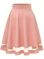 Mesh Splicing Skater Skirts High Waist A Line Solid Skirts