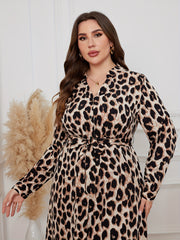 Leopard Print V Neck Midi Dress With Belt