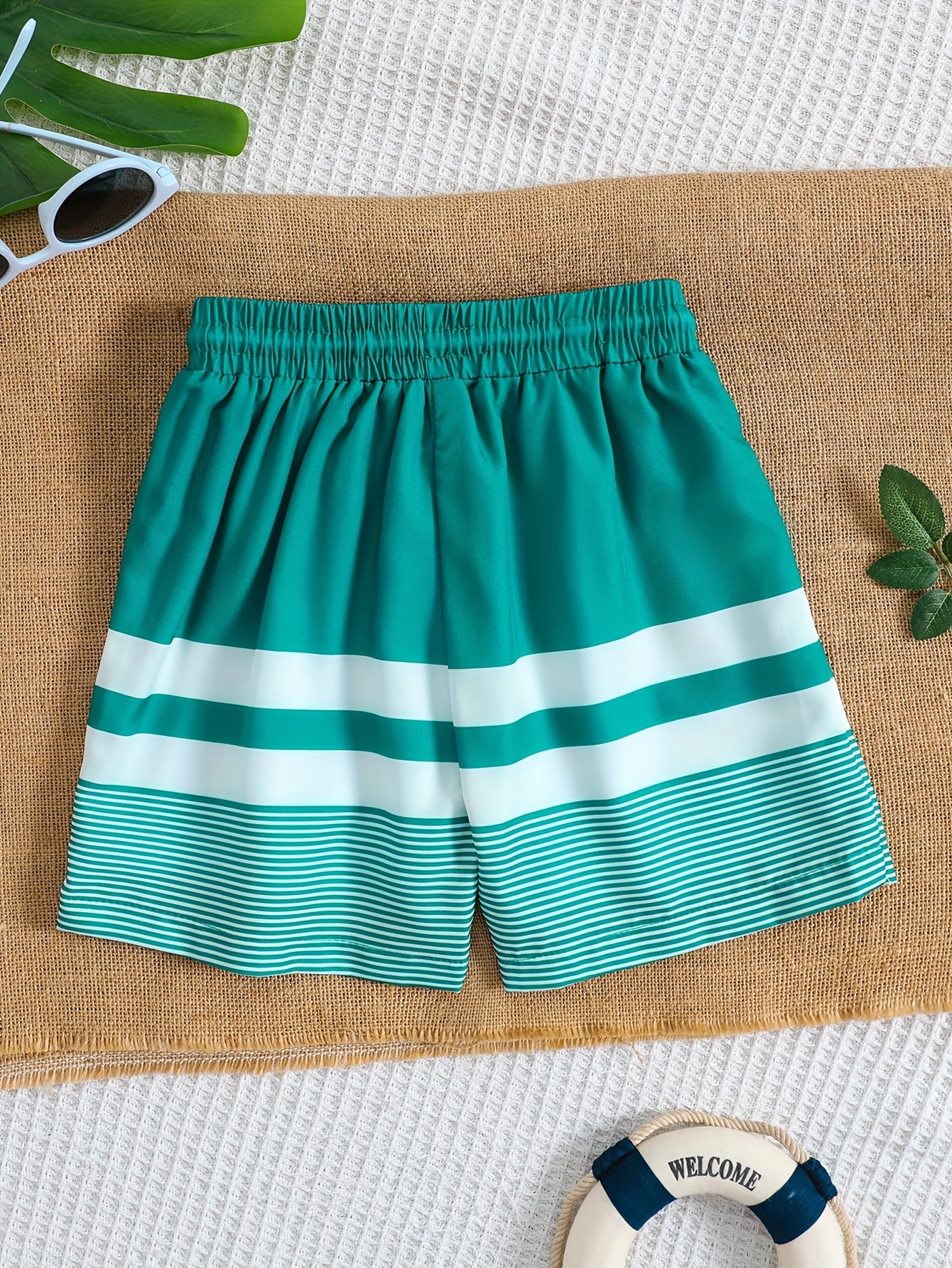 Boys Beach Pants Strip Print Drawstring Elastic Waist Swim Trunks