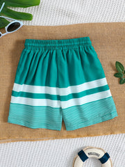 Boys Beach Pants Strip Print Drawstring Elastic Waist Swim Trunks