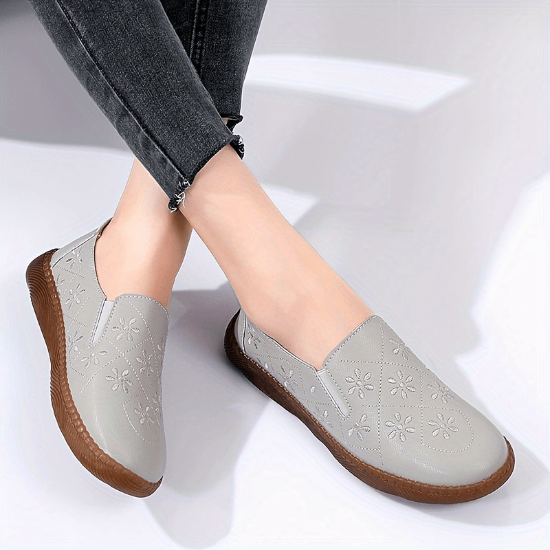 Floral Embroidered Loafers Lightweight Faux Leather Flats Slip On Shoes