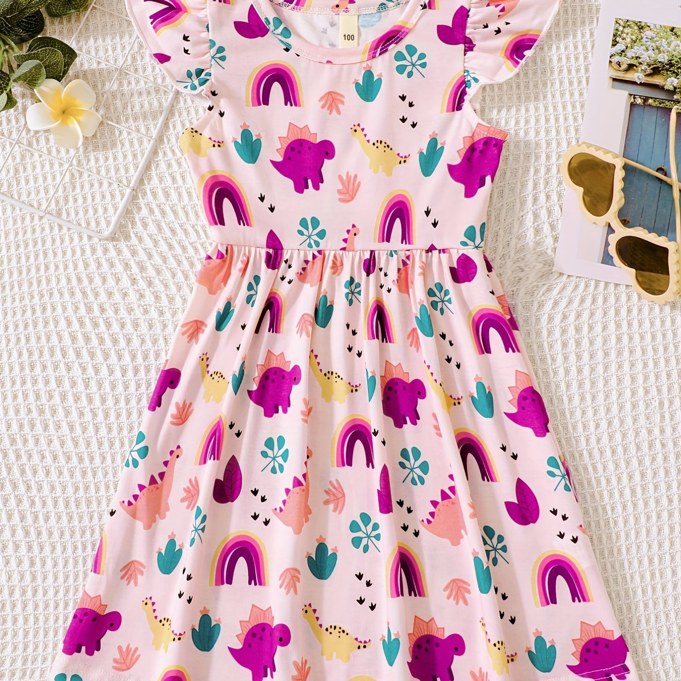 Rainbow Cactus Print Dress Girls Western Style Comfort Fit Summer Spring