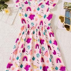 Rainbow Cactus Print Dress Girls Western Style Comfort Fit Summer Spring