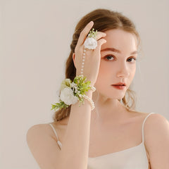Rose Girls Bridesmaid Wrist Flowers Faux Pearl Bracelet Wedding