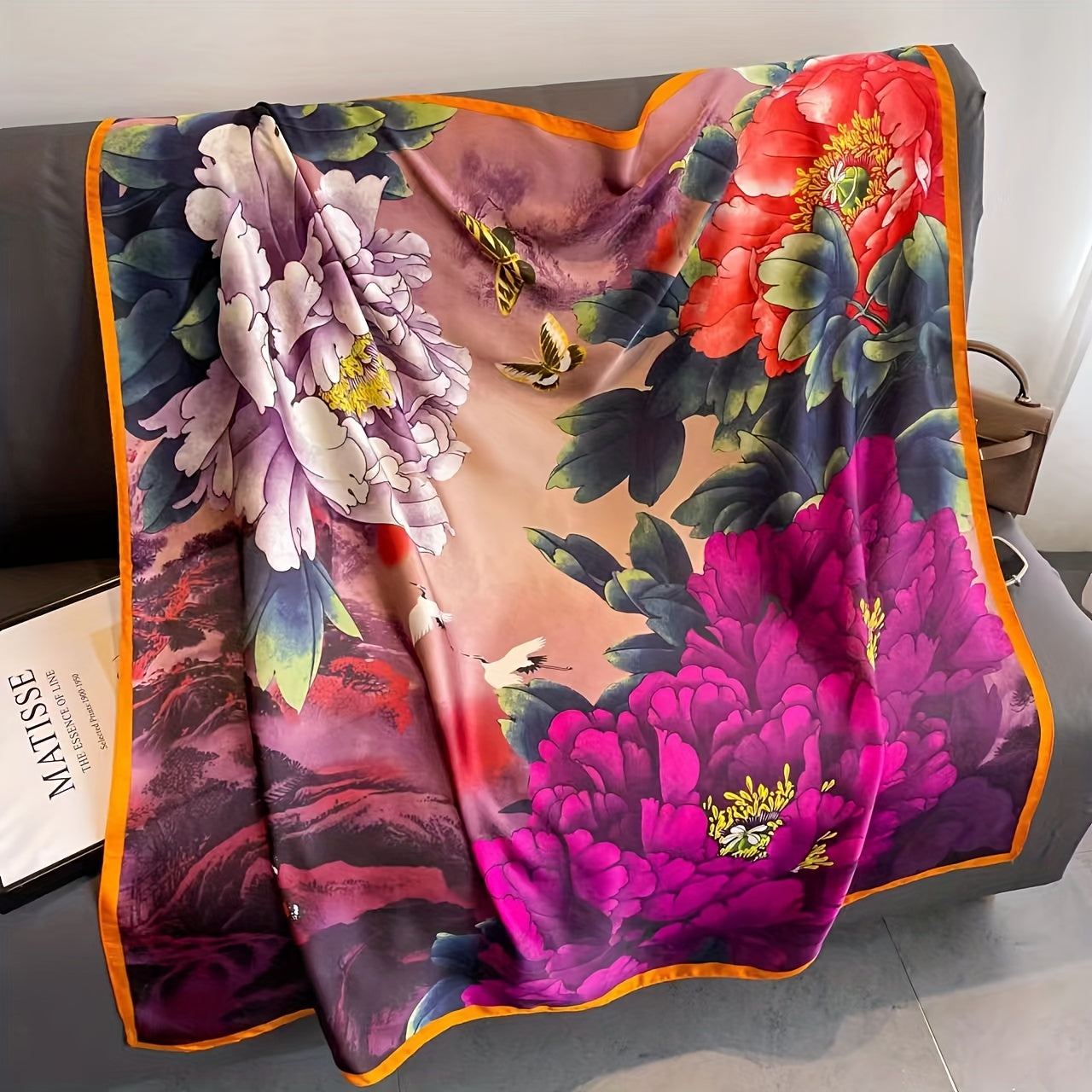 Vintage Block Square Scarf Large Satin Shawl Bandana Women Head Wrap